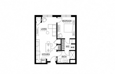 Floor plan for 1 bed, 1 bath, 690 sqft
